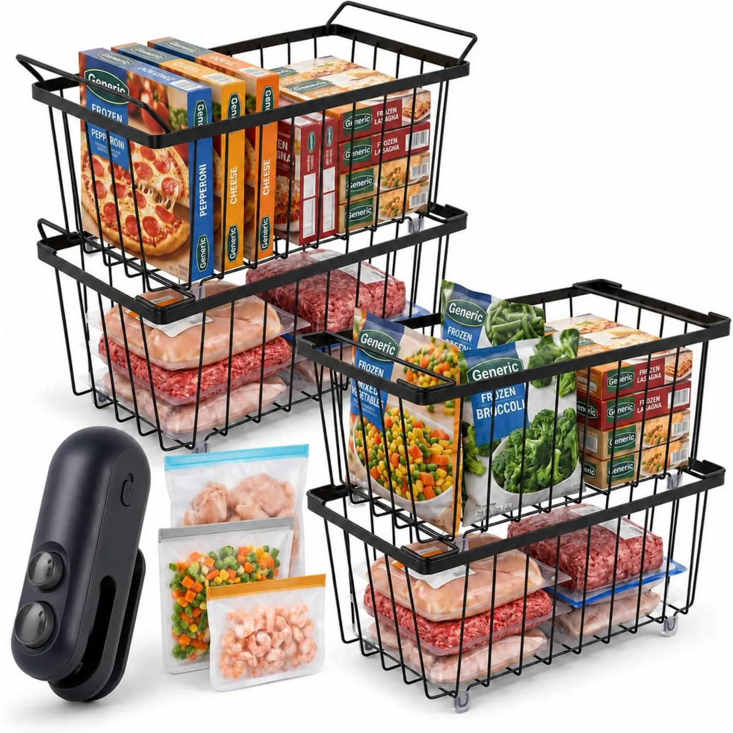 Deep Freezer Organizer Bins 4-Pack Black with Portable Heat Sealer &  PEVA Bags, Heavy-Duty Stackable Chest Freezer Storage Baskets,15 x 7 x 6 in, Black