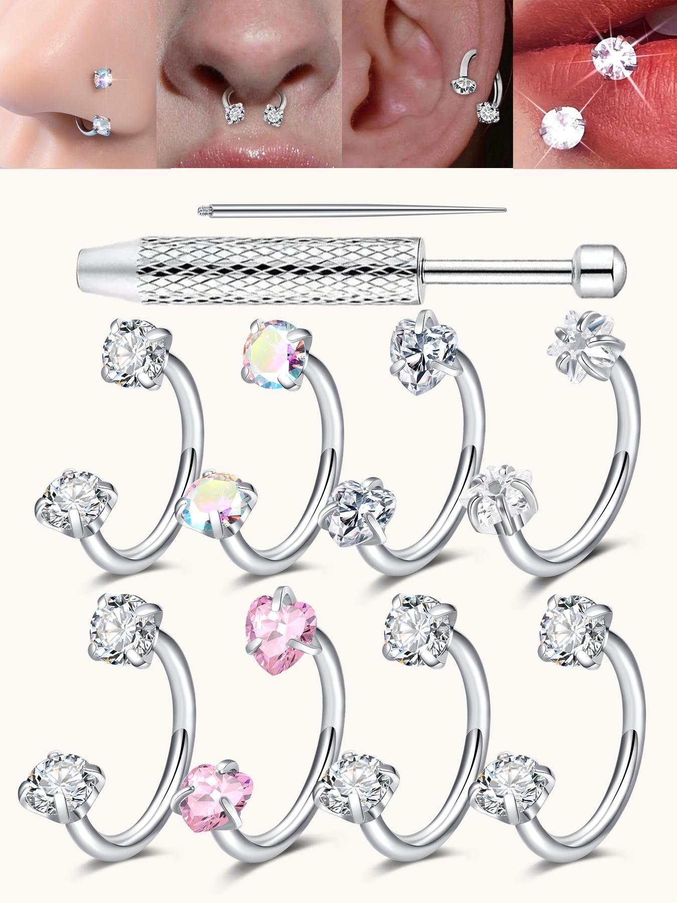 6pcs Heart Star Cz Horseshoe Nose Rings, Internal Threaded Stainless Steel 18gauge 8mm Hoops, Ideal for Nose, Cartilage, Tragus, Helix & Lip Piercings, Nose Piercing Jewelry, Body Jewellery