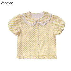 Japanese Kawaii Lolita Style Shirts Women Sweet Ruffles Peter Pan Collar Puff Sleeve Blouses Vintage Cute Polka Dot Print Tops