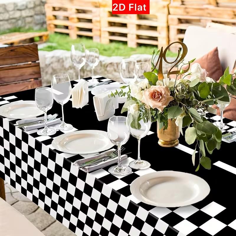 2D Flat Party Tablecloth 1pc, Checkered Racing Theme, Polyester Material, No Power Required, Perfect for Party Decorations