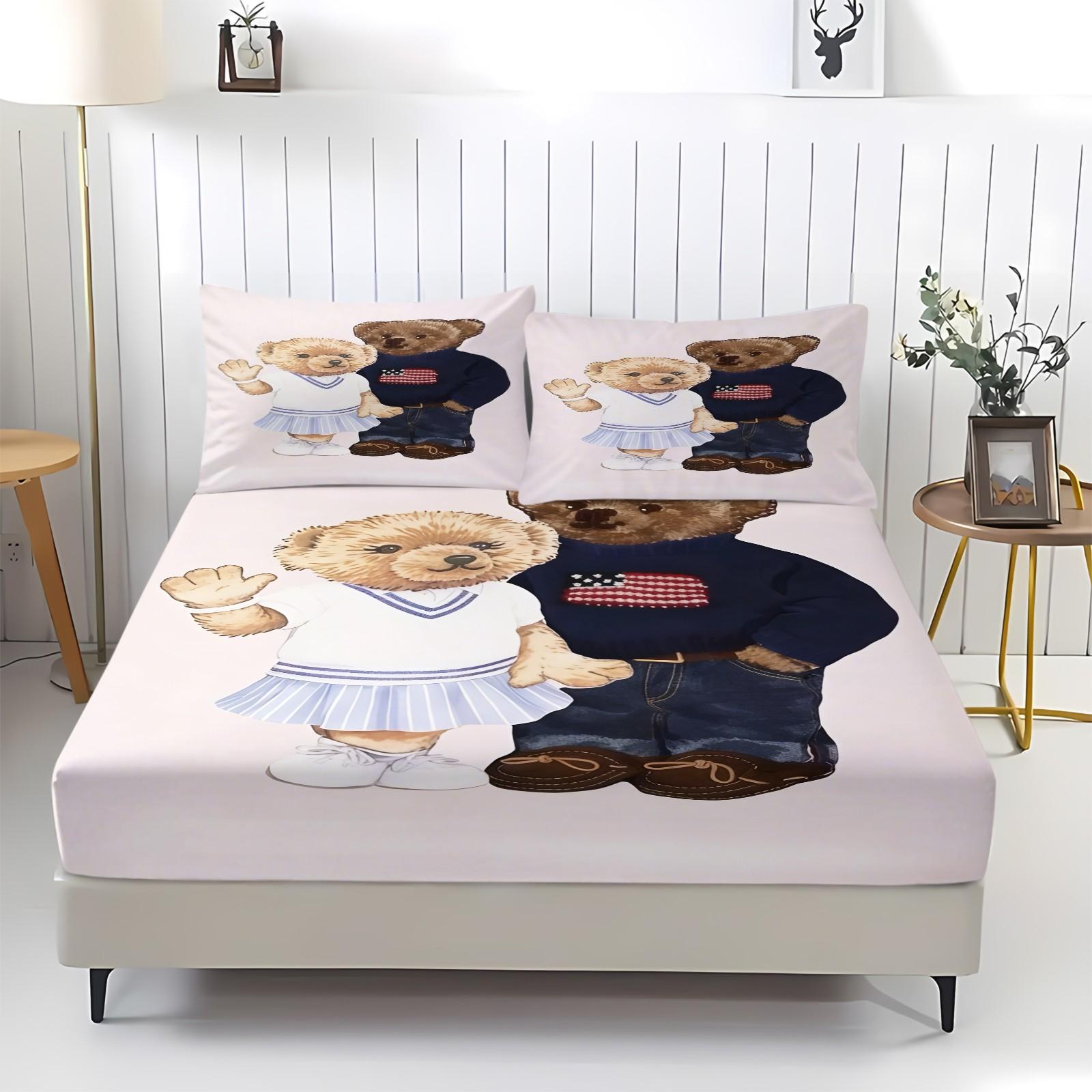 Teddy Bear Flower Pattern Bed Sheet, Comfortable Printed Pattern, Includes 1 Bed Sheet and 2 Pillowcases, Comfortable Bedding, Non slip Dust Cover Suitable for Bedroom and Guest Room, Suitable for Adult Gifts