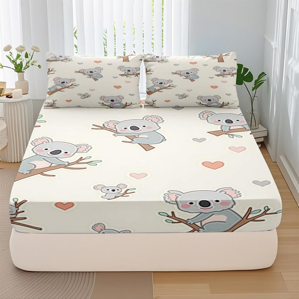 3-Piece Set Of Koala On The Tree And Heart-Shaped Bed Hat, High-Definition Digital Printing, Soft And Breathable, 100% Polyester Fiber, Perfect Gift For All Seasons, Suitable For Family And Friends. Clearance Sale