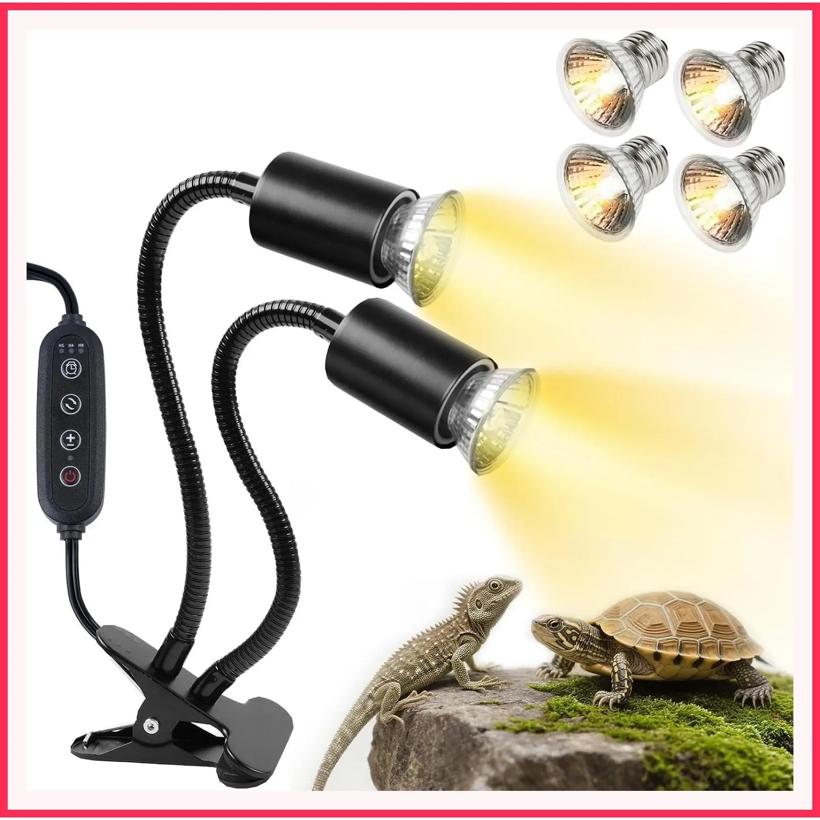 Turtle Basking Light with Cycle Timer, UVA UVB Heat Bulbs - 2 Pack 50W + 2 Pack 25W, 360° Rotatable Basking Heat Lamp for Tortoise, Lizard, Bearded DragonGift