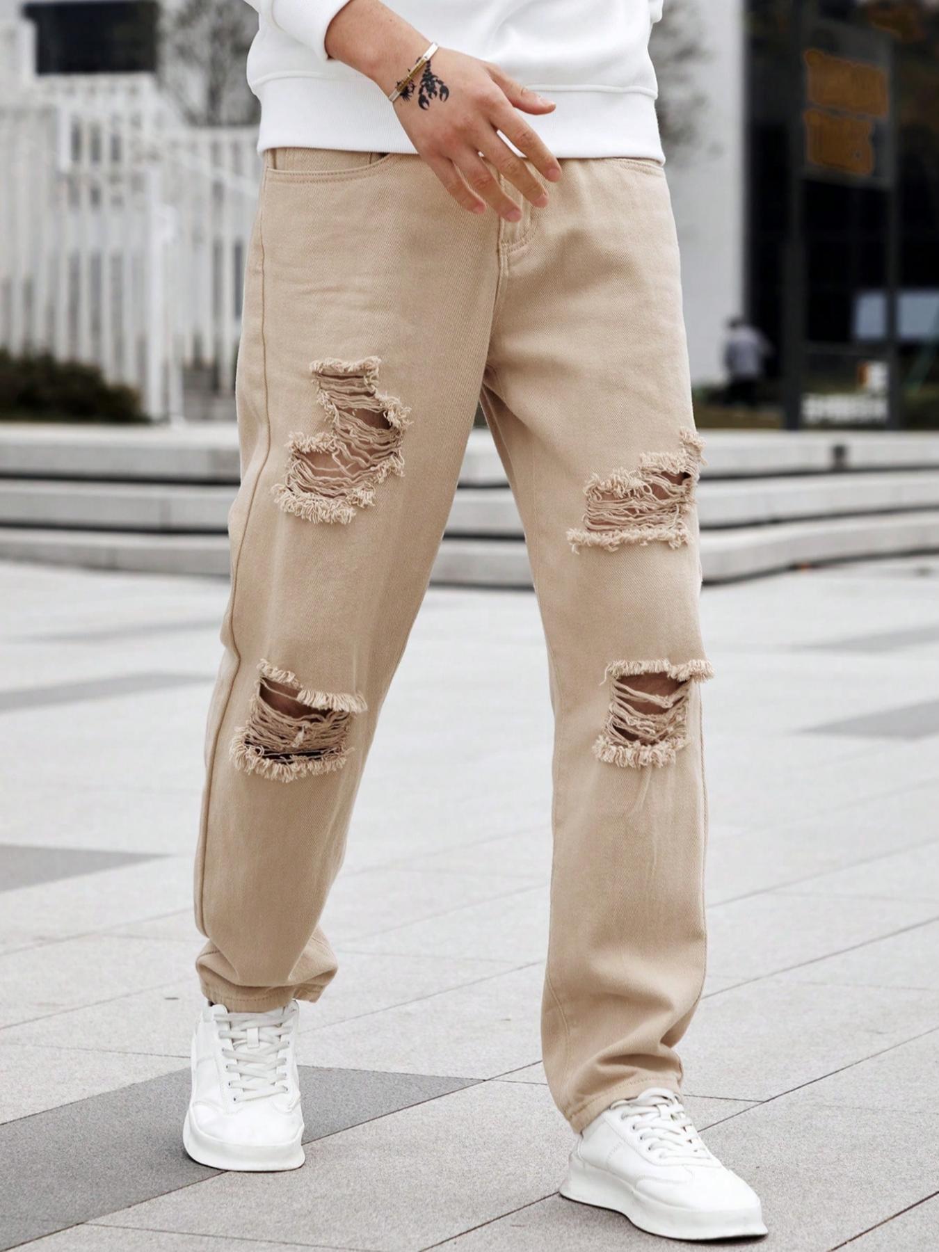 Men's Street Style Skinny Fit Jeans with Ripped Details, All-Season Casual Fashion, Perfect Gift for Husband or Boyfriend