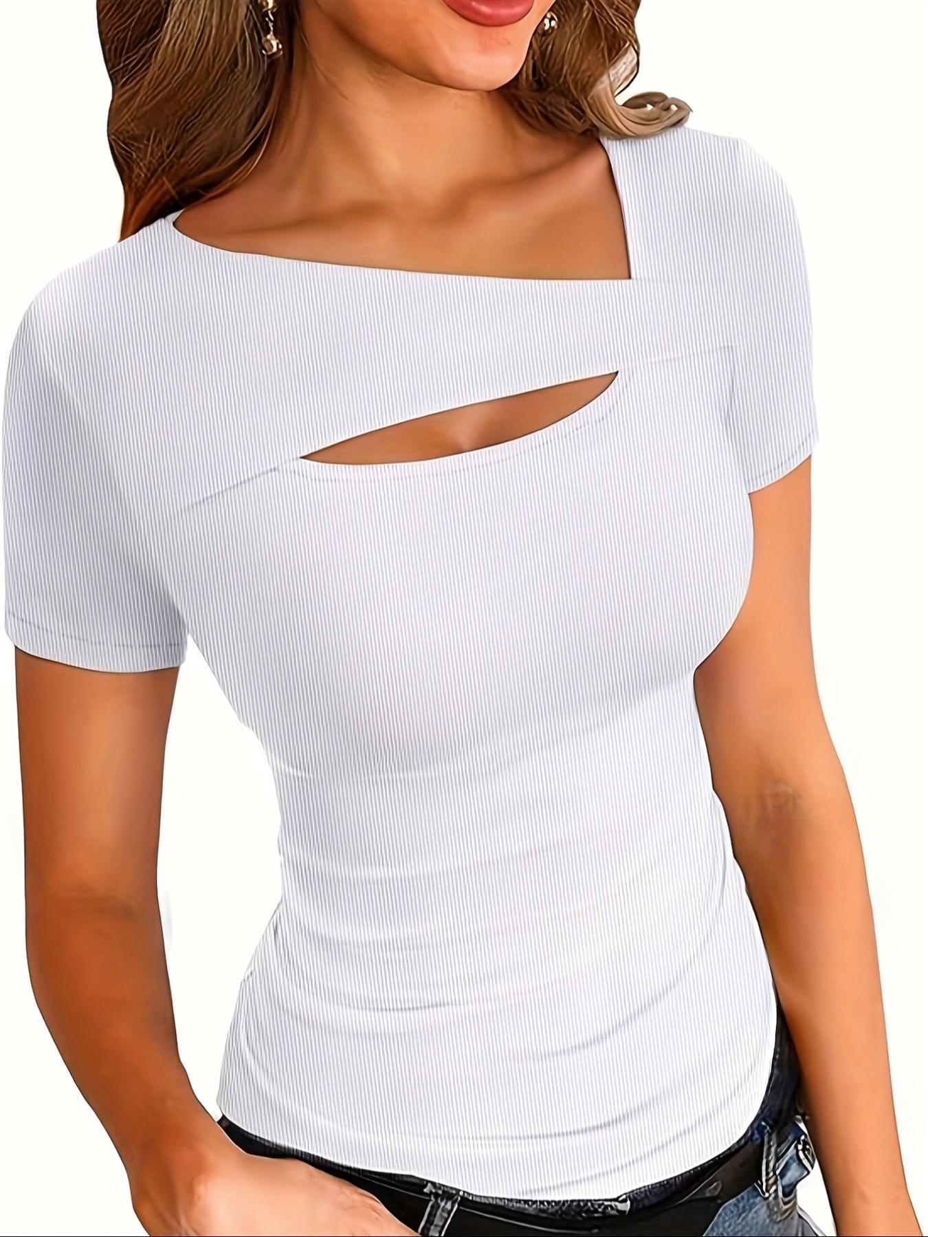 Women's Plain Cut Out Asymmetrical Neck Tee, Casual Chic Minimalist Short Sleeve T-Shirt for Daily Wear, Ladies Clothes for All Seasons, Womenswear