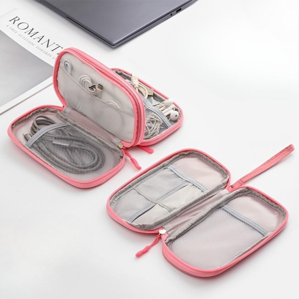 Portable data cable storage bag, double-layer mobile phone charger storage bag, multi-layer grid digital accessory storage bag, compact and convenient travel data cable storage bag