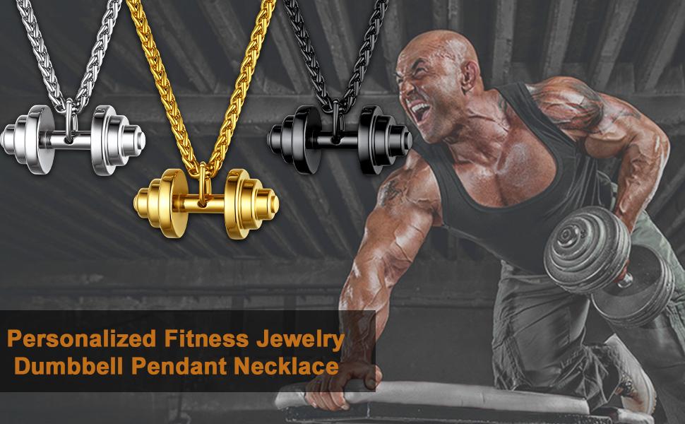 U7 Men Women Fitness Barbell Necklace Sport Jewelry Dumbbell Pendant Chain Necklace