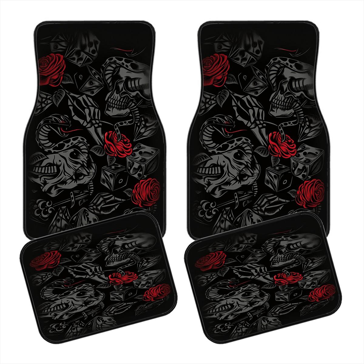 Four-Piece Retro Skull Rose Car Mats, Non-Slip Waterproof Floor Protectors, Universal Fit for Suvs and Cars, Ideal for Car Enthusiasts