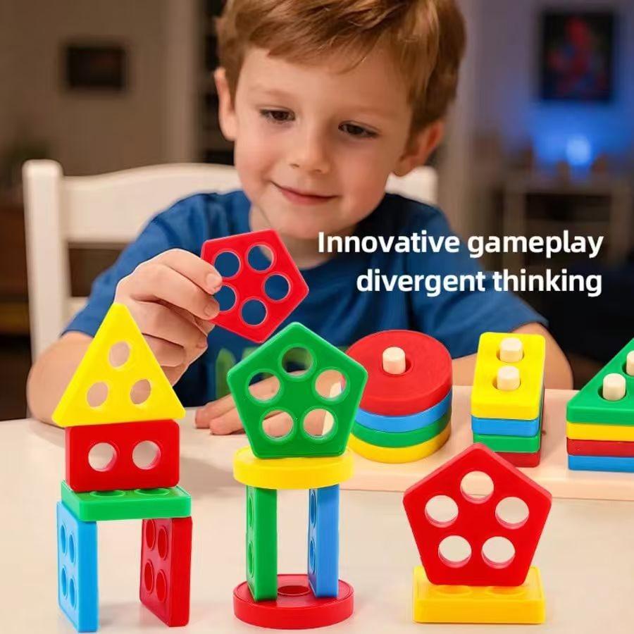 Geometric Shape Matching Block Toy Set | Early Education Cognitive Toy for Infants 0-3 Years Old | Four-Column Peg Matching Game
