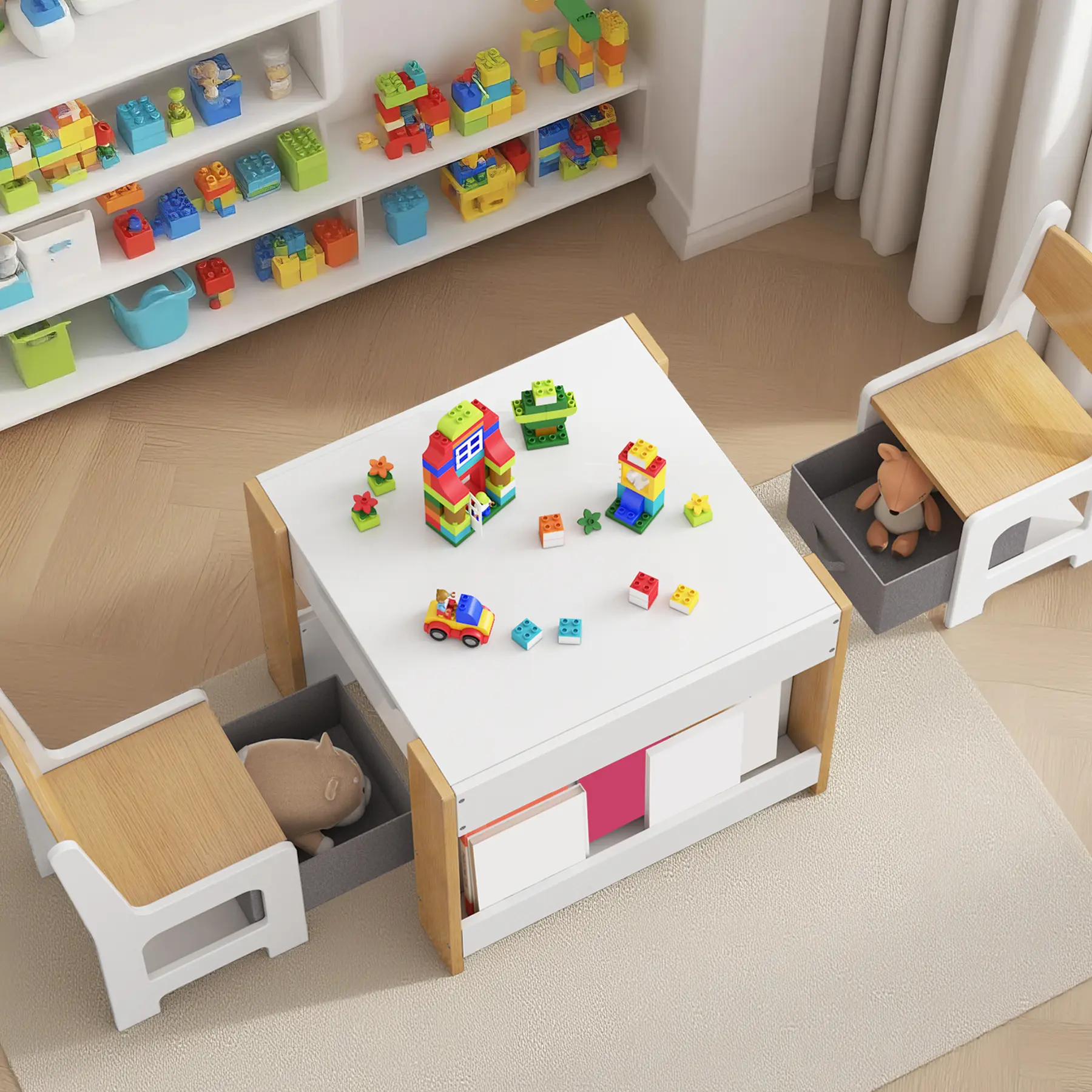 Hosslly Kids Art Table and Chair Set - 3-In-1 Activity Desk That Includes Chairs, Detachable Top, Bookshelves, Drawers, Easy Setup for Toddlers’ Home Playroom