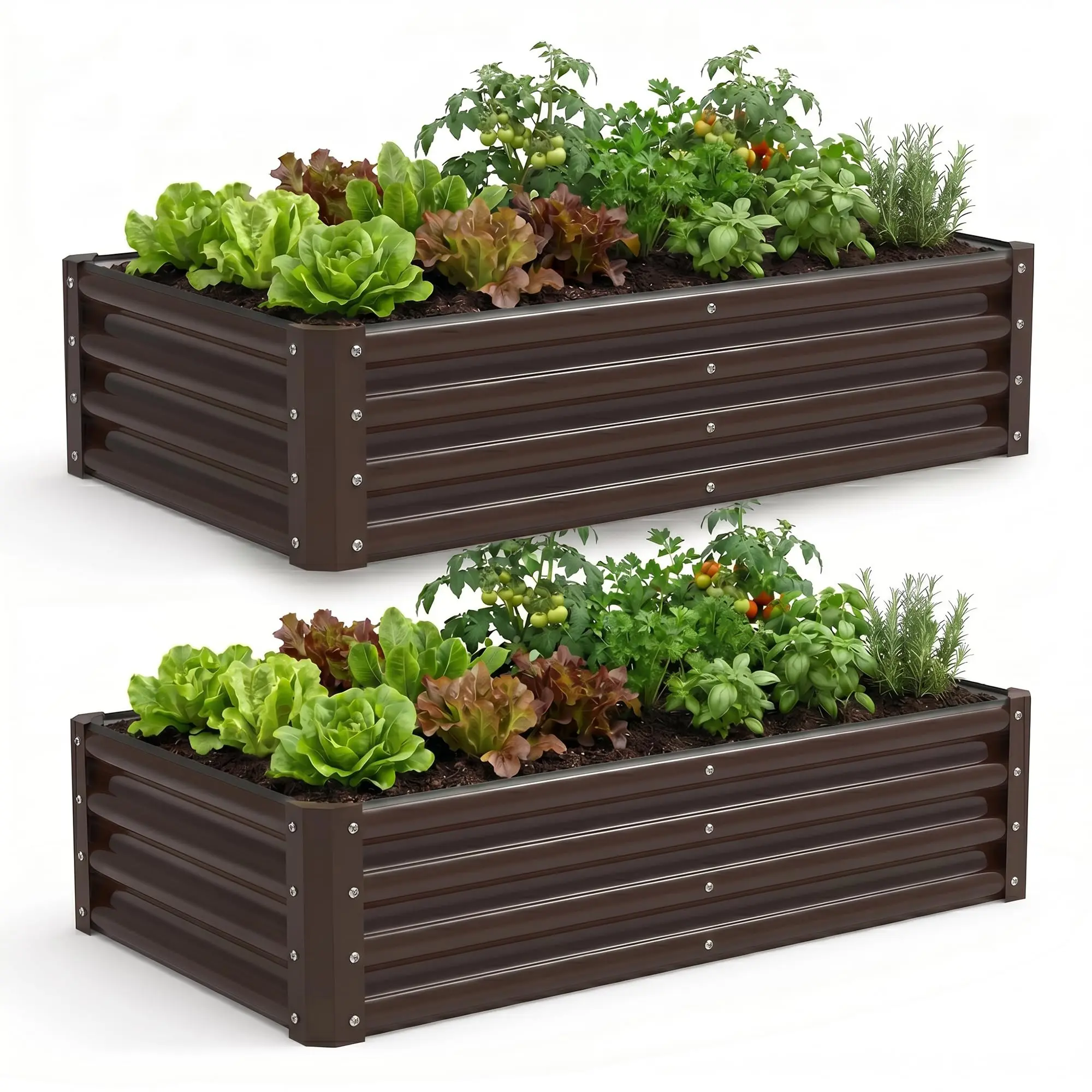 Hosslly 2-Pack Galvanized Raised Garden Bed Kit Set, Large Rectangle Metal Deep Root Planter Box for Outdoor Gardening, Vegetables (4x2x1FT, Brown)