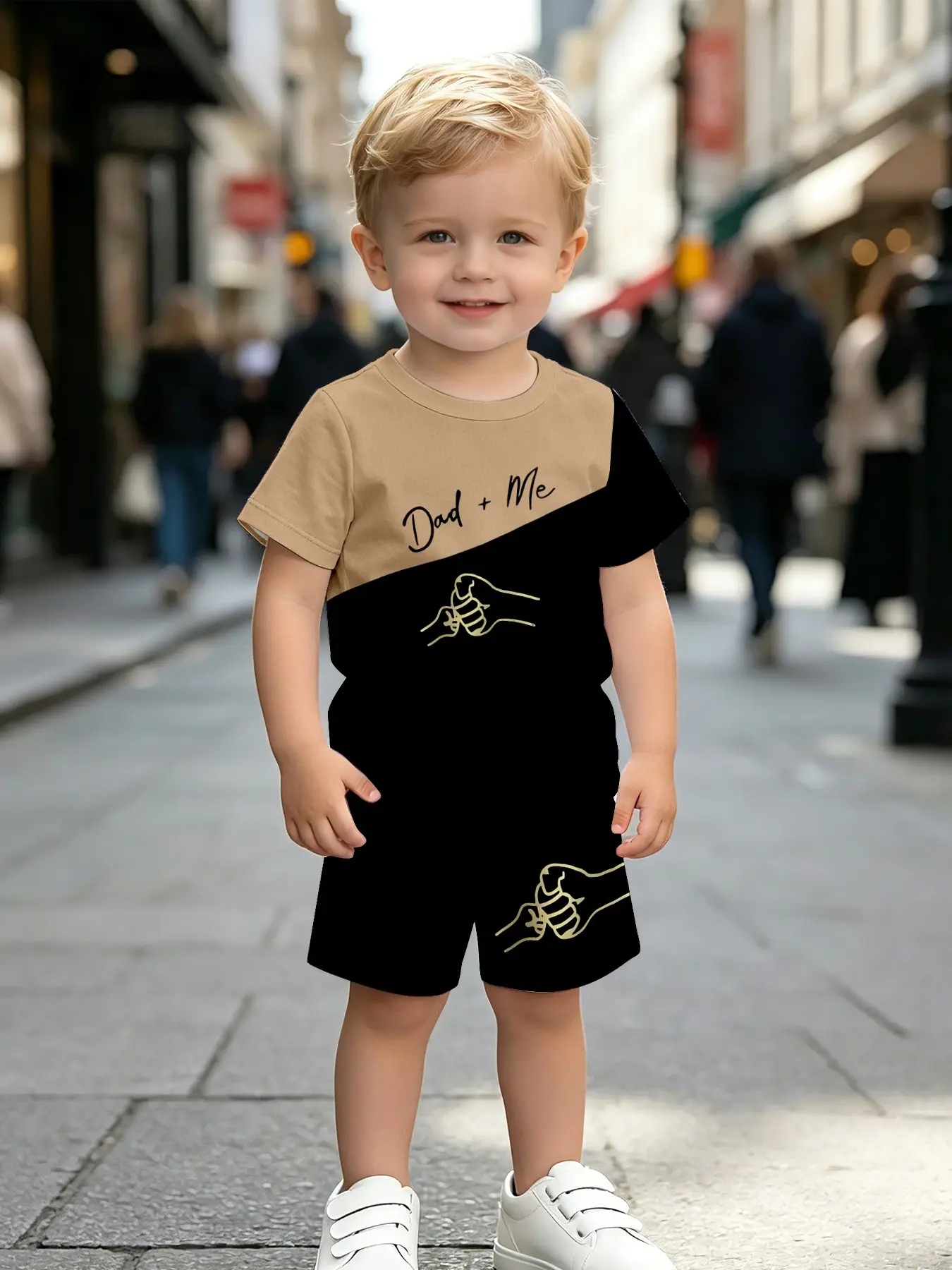Boys' Dad+me Matching Set, Short Sleeve Asymmetrical Design, Block, Casual Father's Day, Two-Piece Suit, Summer Clothing Set