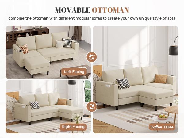 Upholstered Sectional Sofa and Couches, 78'' L Shaped 3-seat Sofa for Living Room, Apartment, Lounge,Bedroom-Washable Covers Convertible Sofas(Linen Fabric, Beige)