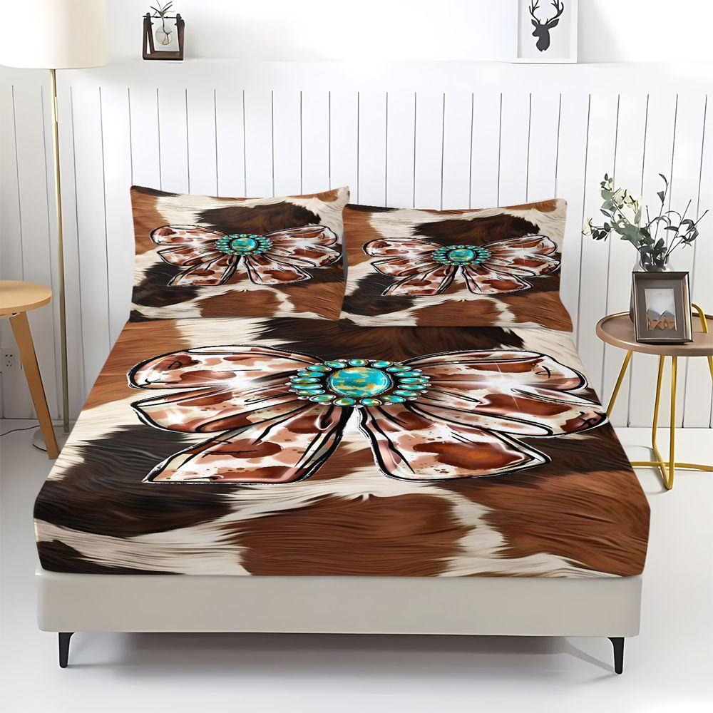 3Pcs Cowhide Pattern Bowtie Fitted Sheet Set, Decorative Bedsheet Sets, Bedroom Decor with Turquoise Stone Accents, Bedding Collection for a Comfortable Sleep Space, Lncludes 1 Fitted Sheet and 2 Coreless Pillowcases