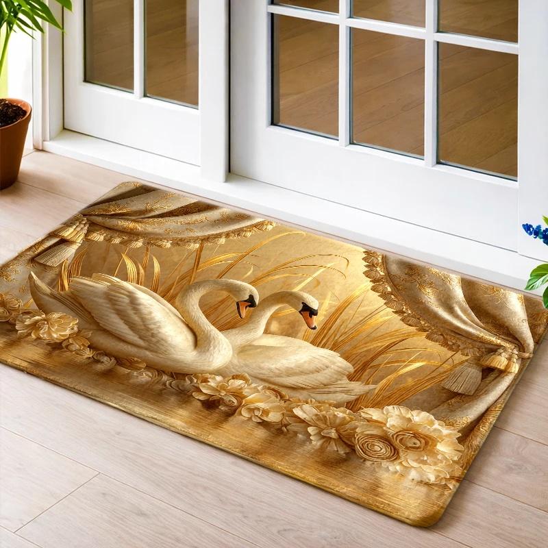 Luxury Swan Floral Rug Soft Flannel Non Slip Rubber Backing Machine Washable Indoor Outdoor Floor Mat Multipurpose Decor Perfect For Living Room Bedroom Kitchen Bathroom Entryway Door Mat Pet Mat Home Decoration Treads Stair Non-Slip