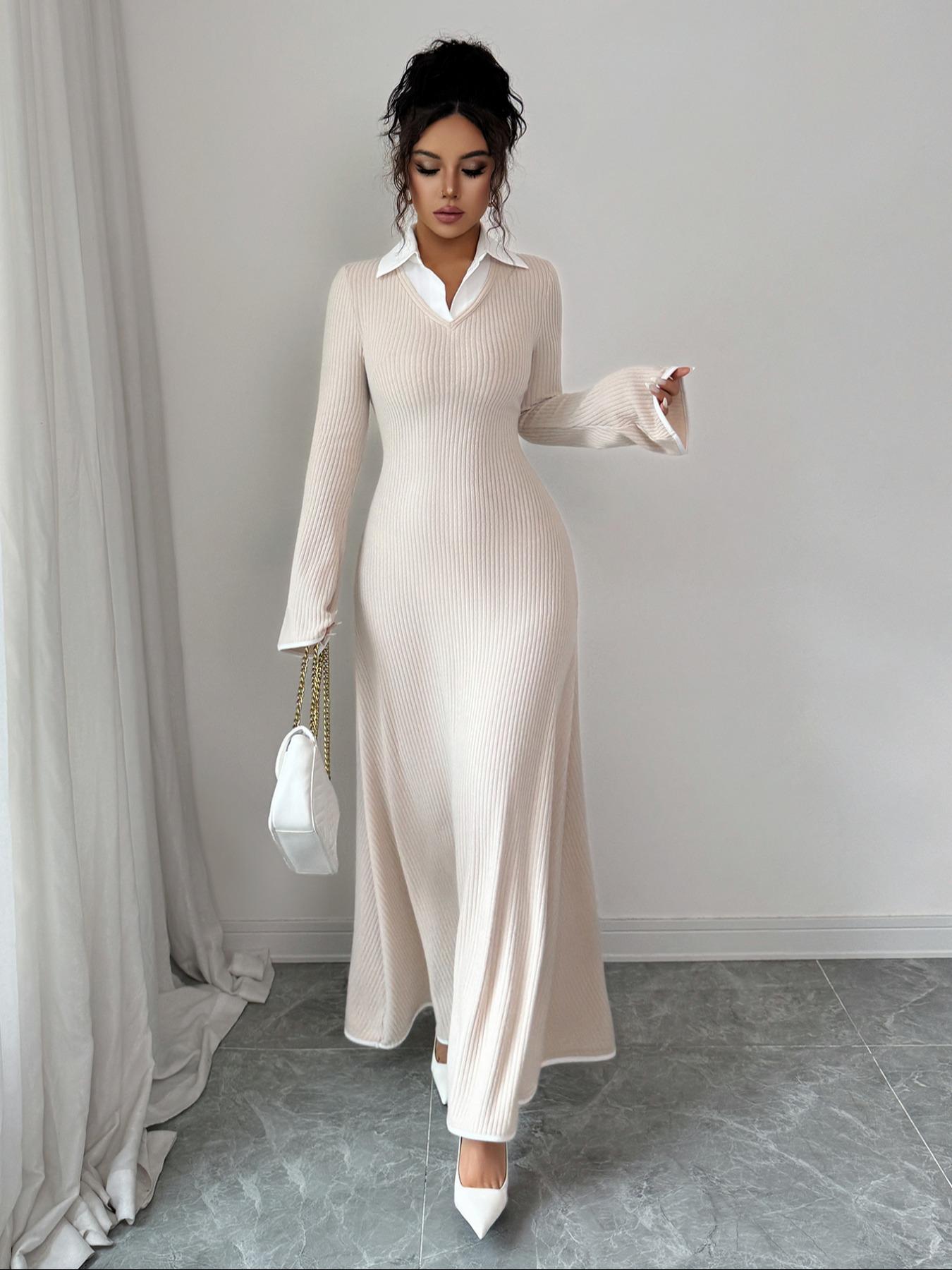 Fashion Elegant Shirt Collar Waist Cinched Long Sleeve Dress, Fitted Plain Design for Fall & Winter, Women's Stylish Clothing, Minimalist