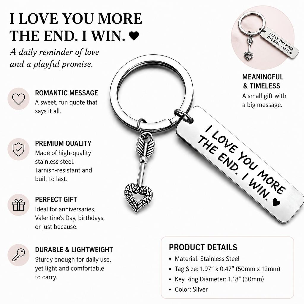 HOLDNEAR Unisex Stainless Steel Anti-Tarnish Jewelry, "I Love You More" Funny Engraved Heart-Arrow Charm Keychain, Sentimental Valentine's Day Boyfriend Gift