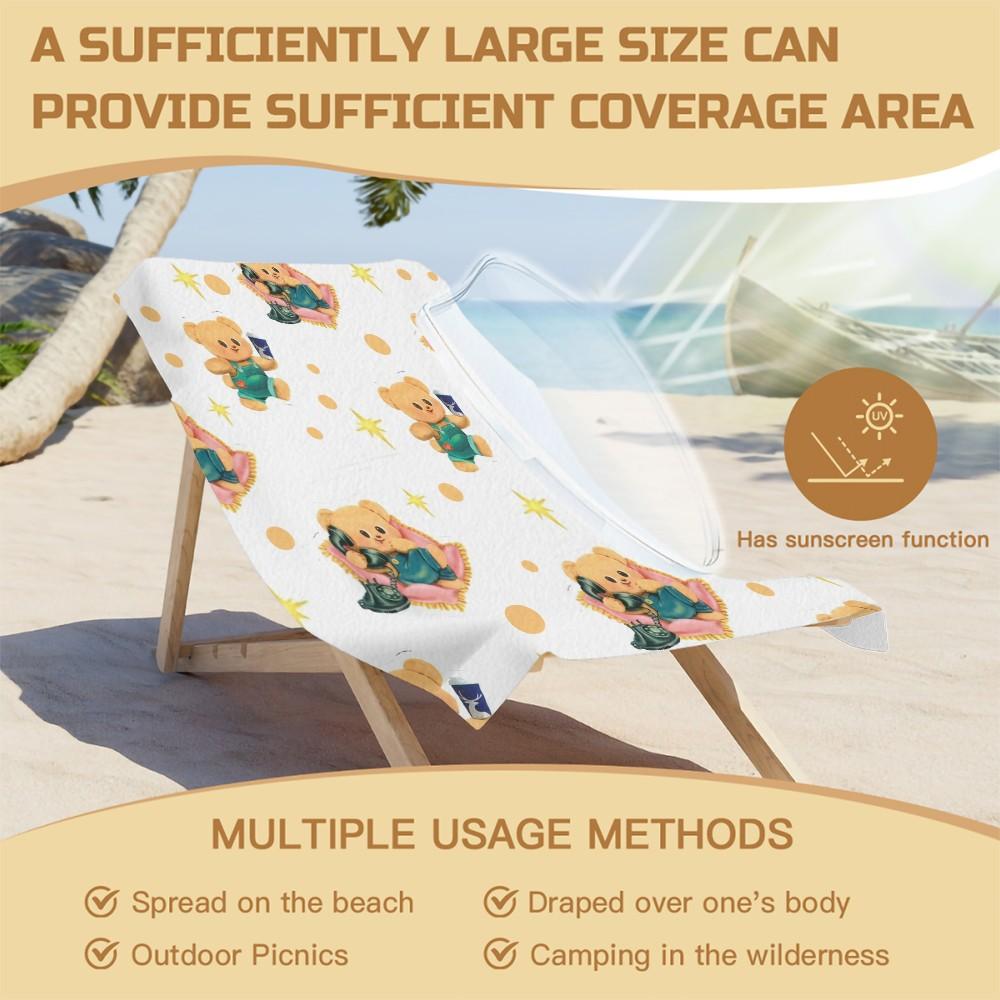 Cute Cartoon Bear Print Beach Towel, Japanese Style Kawaii Teddy Bear with Polka Dots Stars Hearts Pattern, Soft Microfiber Oversized Quick Dry Sand Free Absorbent Towel for Beach, Pool, Swimming, Travel, Camping and Yoga, Japanese Cute Aesthetic Beach Ac