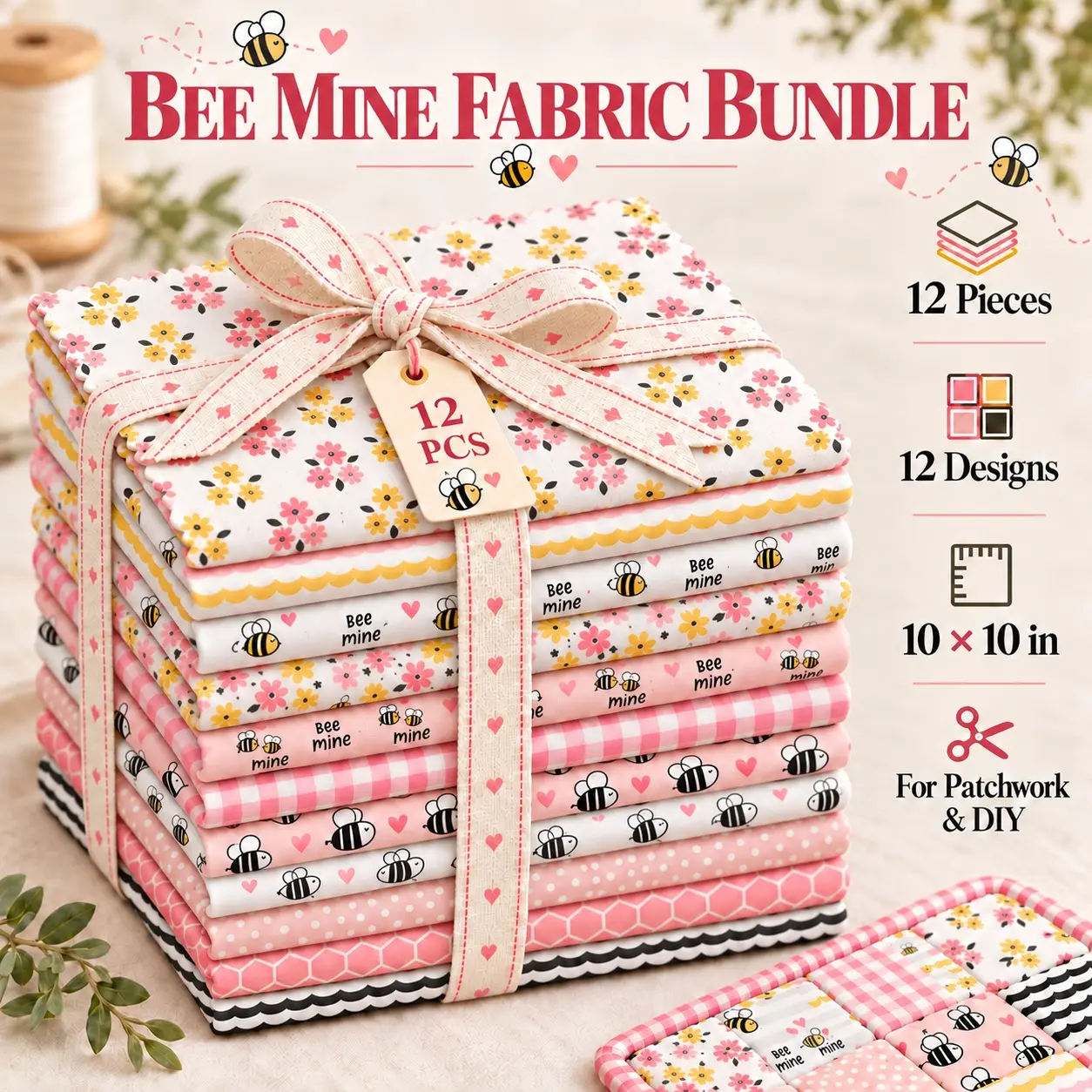 12Pcs Bee Mine Fat Quarter Fabric Bundle, 25.4x25.4cm(10x10in) Precut Patchwork Cloth, Cute Honey Bee Pattern Print 100% Polyester Cotton-Feel Plain Weave for DIY Sewing, Quilting, Crafting, Applique, Scrapbooking, Pillow & Home Decor