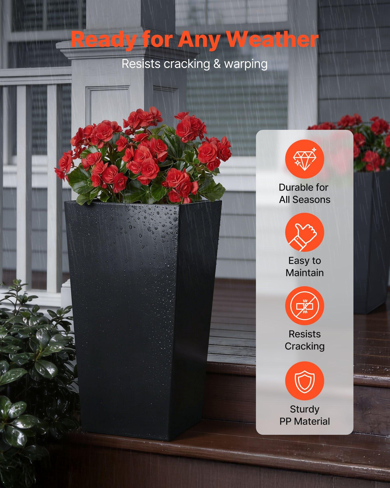 VEVOR Tall Planters Set of 2, 26 Inch Large Outdoor Taper Planters for Outdoor Indoor Plants, Front Porch Plastic Modern Flower Pots with Casters, Inner Pot & Drainage Holes for Patio, Garden, Black VEVOR Tall Planters Set of 2, 26 Inch Large Outdoor Taper Planters for Outdoor Indoor Plants, Front Porch Plastic Modern Flower Pots with Casters, Inner Pot & Drainage Holes for Patio, Garden, Black
