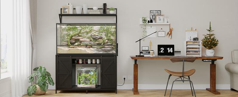 VOWNER Farmhouse Reptile Tank Stand with Power Outlet, 48" X 24" Tabletop Fits up to 120 Gallon Bearded Dragon Tank, Heavy Duty Aquarium Stand with Storage Cabinet, Reptile Turtle Terrarium Stand