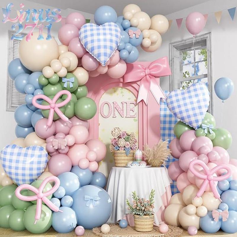 Pink Blue Sage Green Balloon Garland Arch Kit Gingham Heart Bow Foil Balloons Neutral Baby Shower Girls Birthday Bachelorette Cottagecore Party Photography Backdrop Decor