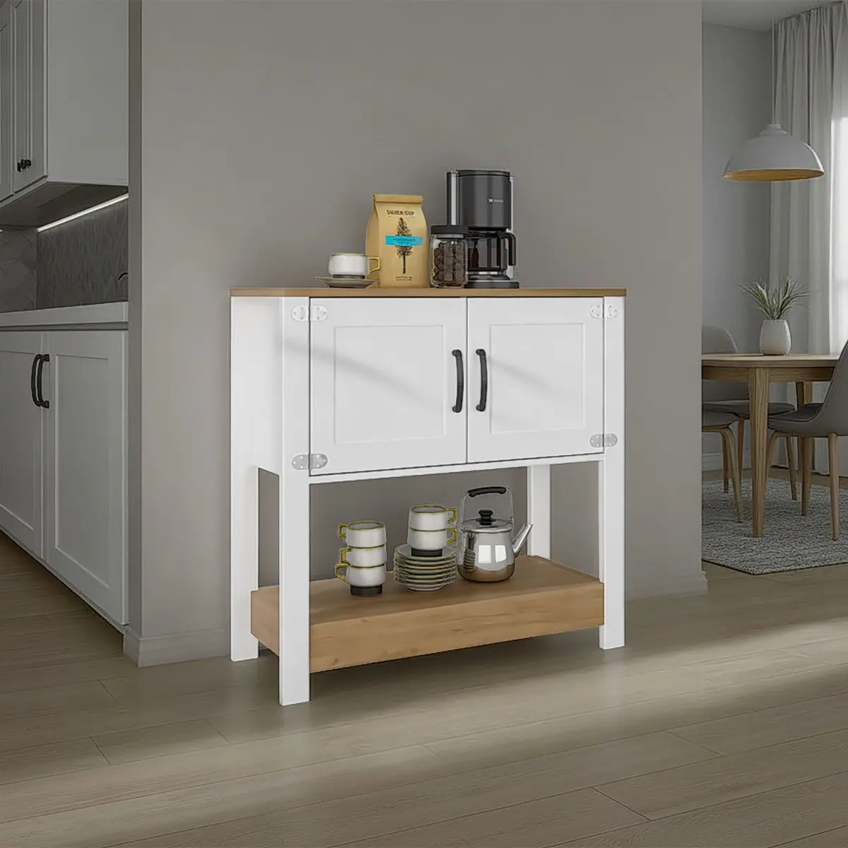 Carajillo Compact and Small Coffee Station and Kitchen Island with Two Doors Cabinet, Superior Counter Top and Below Open Shelf
