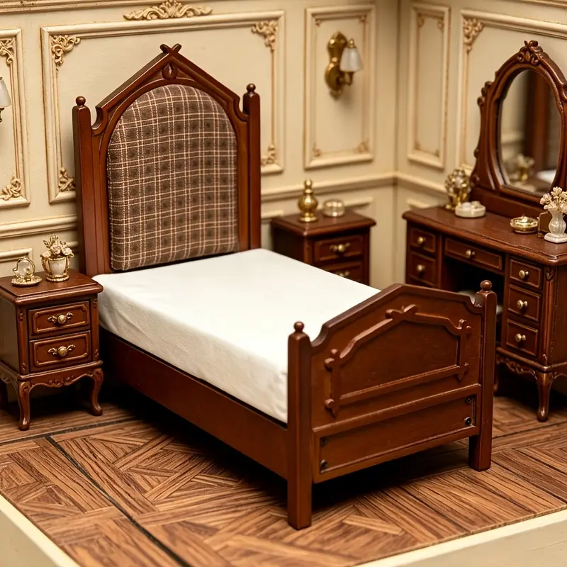 1:12 Mini American Retro Plaid Single Bed Dollhouse Bedroom Furniture Prop Scene Decor Christmas Easter New Year Gift