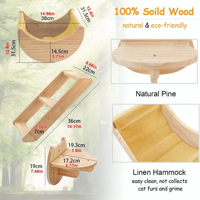 3pcs Sturdy Cat Wall Furniture Set - Moon-shaped Hammock, Wooden Climbing Ladder, Cat Step Board - Supports Up To 12kg (26lb) for Sleeping, Playing, Climbing, and Resting