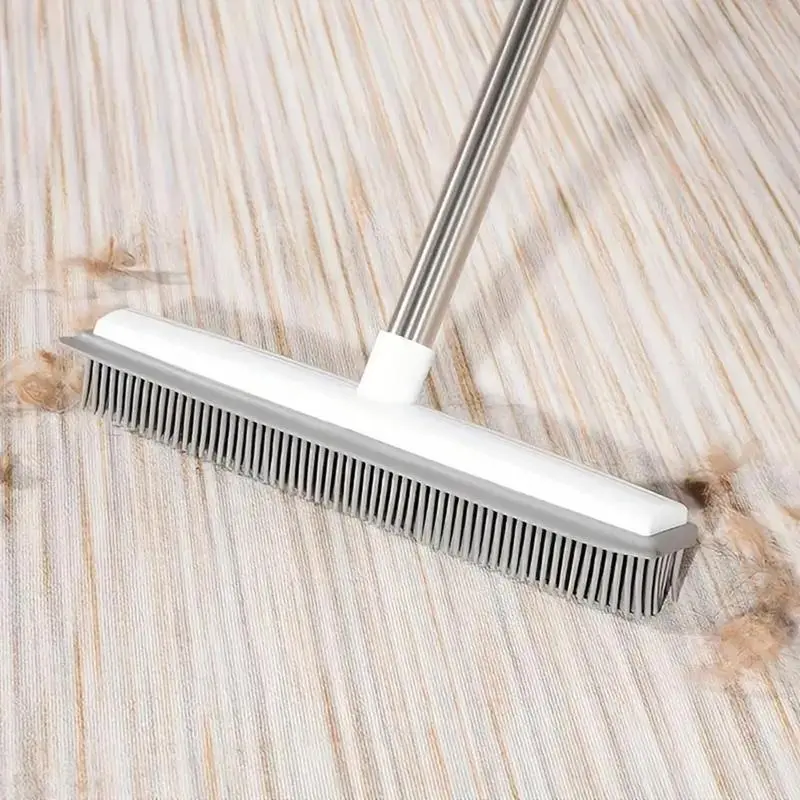 2-In-1 Pet Hair Removal Rubber Broom, Adjustable Handle Brush for Carpets Hardwood Tile Cleaning, Home Cleaning Tool