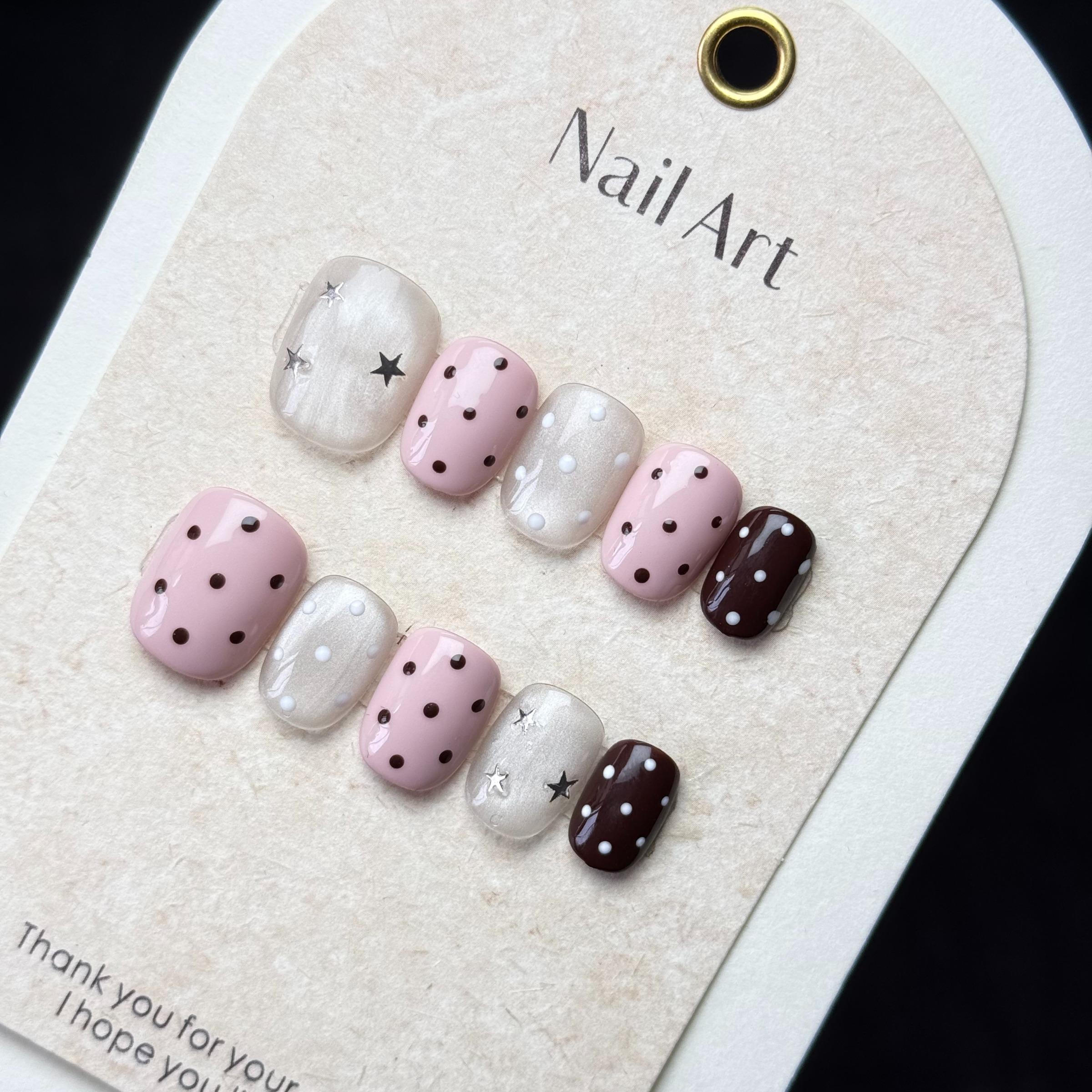No Cheap Flair! Pink Brown Exquisite Hand-Painted Press On Fake Nails, Reusable, Glow Cream Base & Star Design, Euro-Style Sweet Luxury Nails