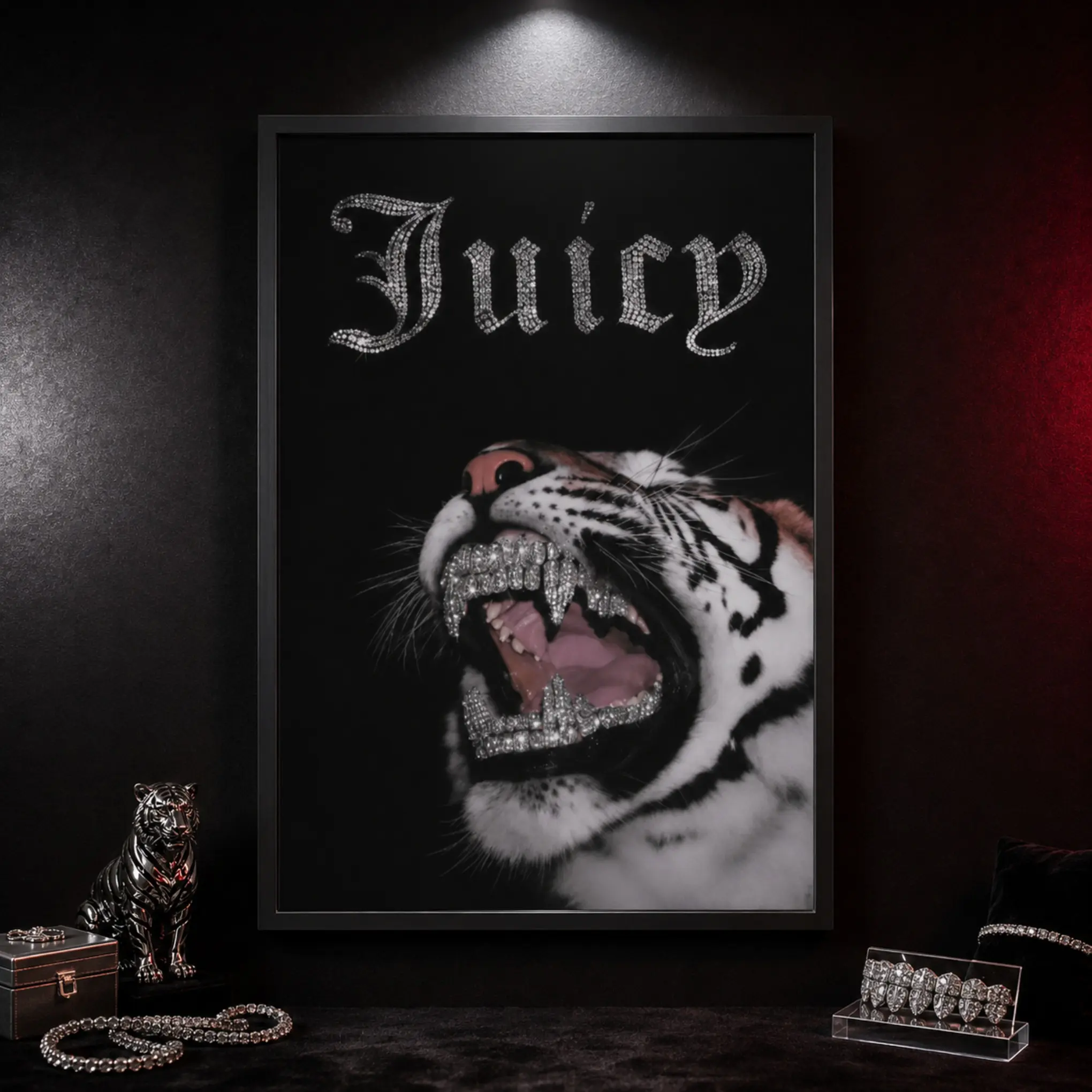 Artistic Juicy Diamond Tiger Canvas Wall Art Print, Luxury Bling White Tiger Poster, Hip Hop Streetwear Decoration for Bedroom & Man Cave, Framed or Unframed Gift Option