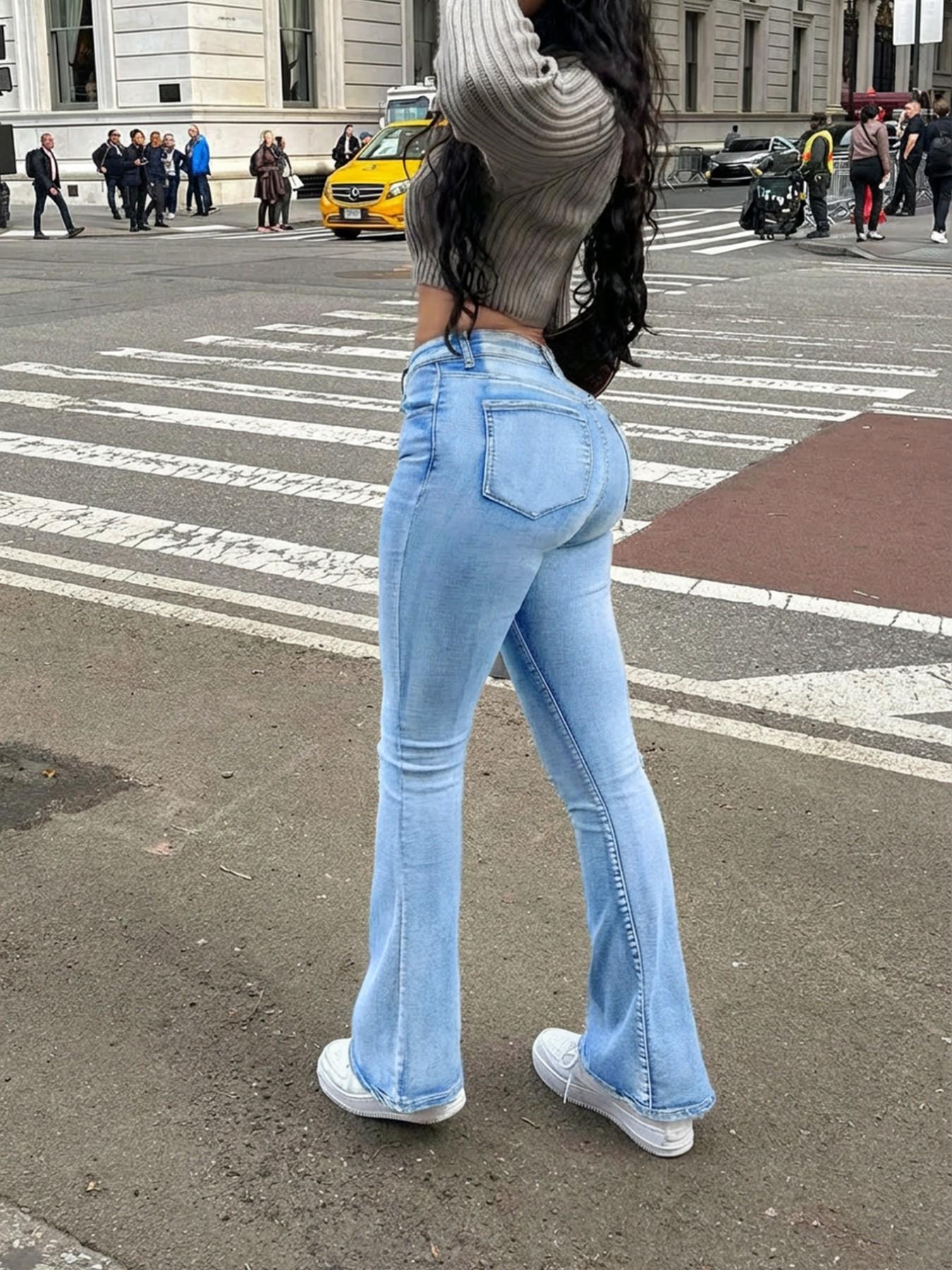 Women's Flare Leg Jeans, Casual Comfy High Waist Bell Bottom Trousers for Daily Wear, Ladies Bottoms for All Seasons