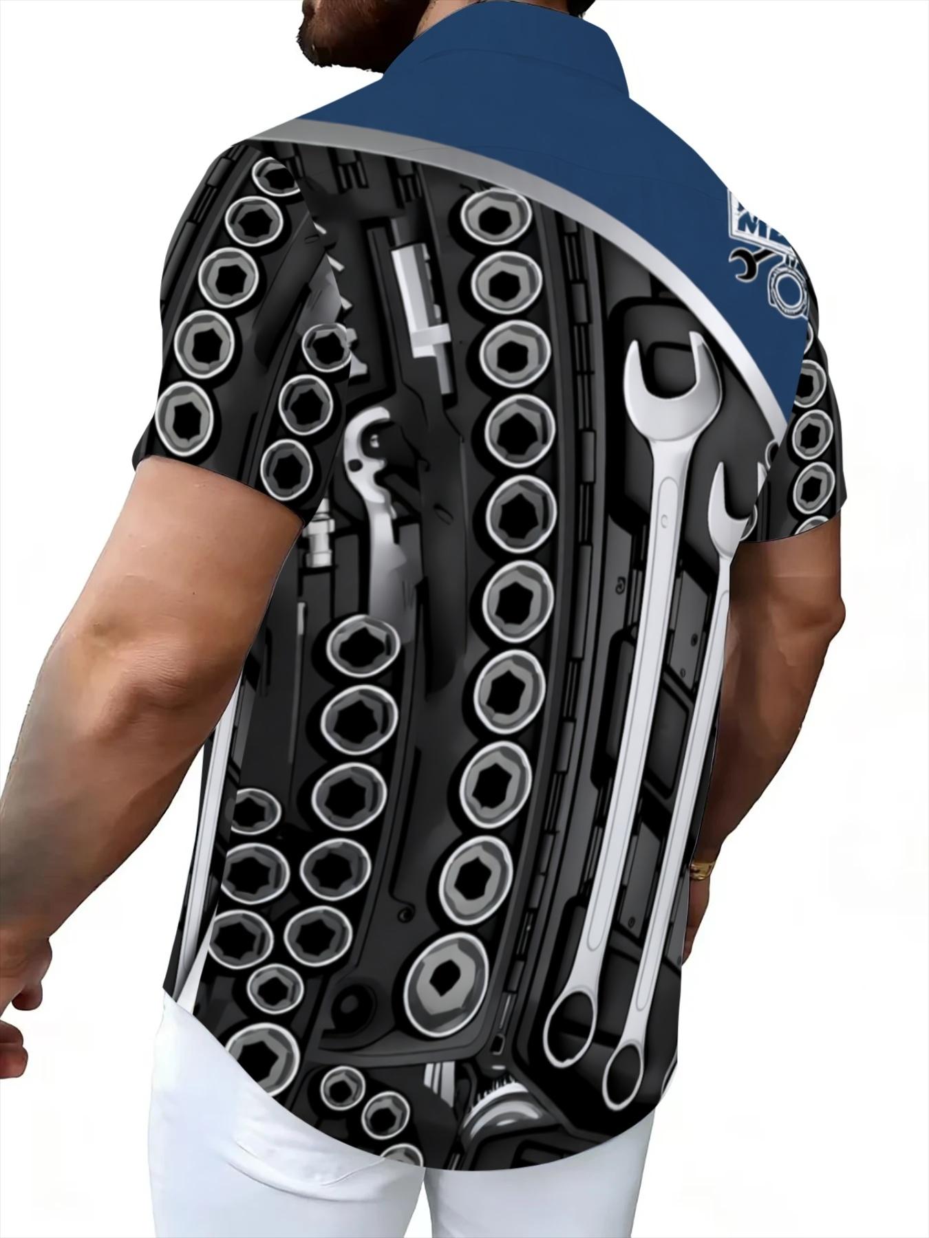 Mechanical Tool Pattern Short Sleeve Shirt, Men's Casual Workwear Style Print Workshop Work Uniform Custom Style