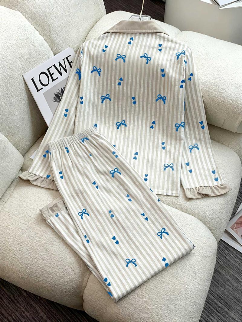 Women's Heart Bow Print Pajama Set 2 Piece, Casual Homewear Button Front Top & Elastic Waist Pants, Comfortable Sleepwear Loungewear