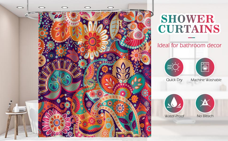 Boho Paisley Floral Shower Curtains - Mandala Indian Bohemian Colorful Flowers Bath Shower Curtain Set with 12 Hooks for Adults Kids Bathroom Decor Accessories, 72"x72"