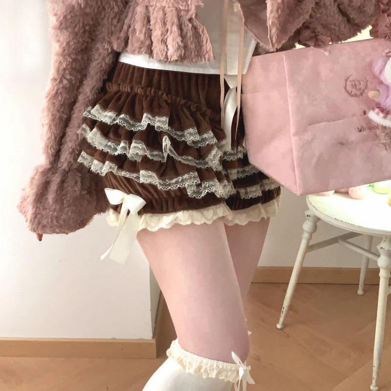 Autumn Winter Warm Lolita Safety Short Pants Women Sweet Chic Plush Bloomers Japanese Y2k Lace Bow Knickers Harajuku Cute Shorts