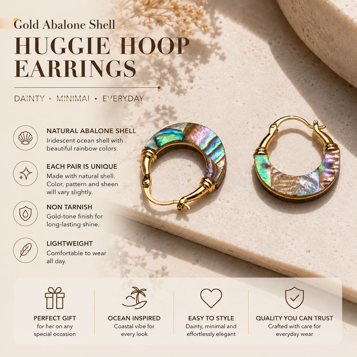 Women's Non-Tarnish Minimalist Lightweight Gold-Tone Electroplated Copper Alloy Abalone Shell Hoop Earrings 2cm Iridescent Ocean-Inspired Female Accessories for Daily Wear Beach Vacations