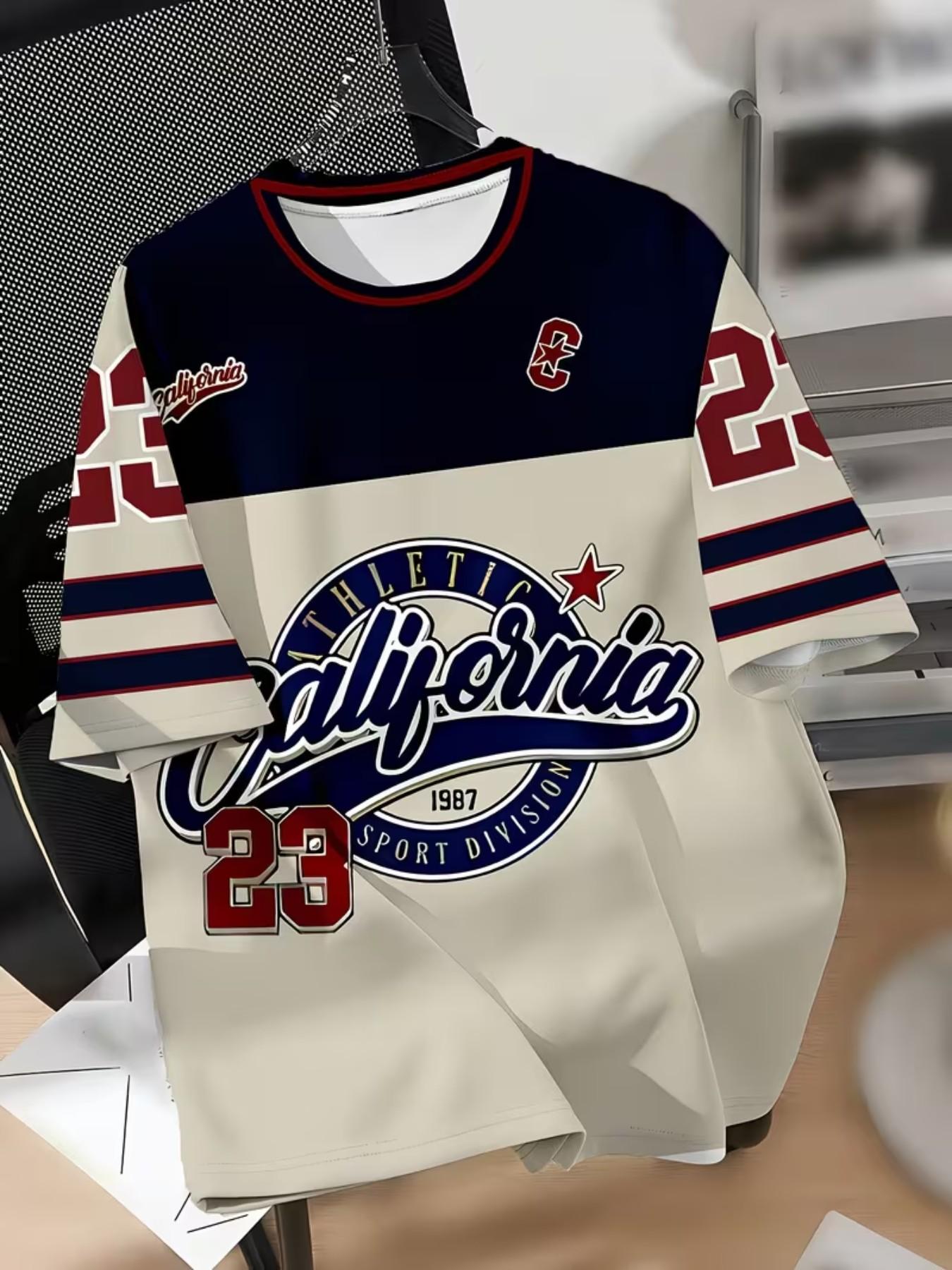 Short Sleeve T-Shirt, Sporty Retro Style, Line Neckline, C Logo, 1987 Sport Division, Blue Stripes, Casual Wear