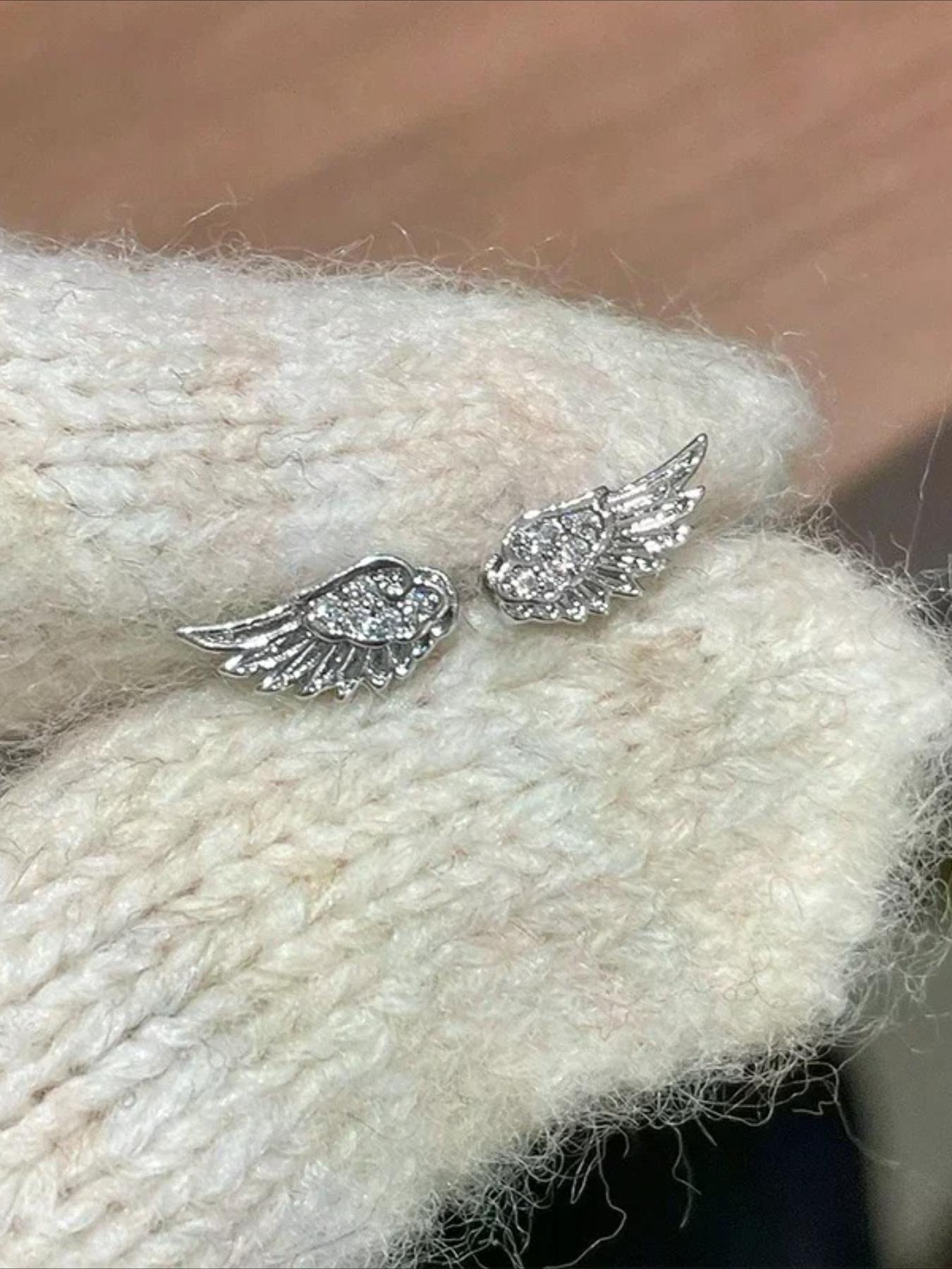 Trendy Unique Design Feather Wings Zircon Mini Earrings, Simple Personalized Women Party Daily Versatile Screw Back Ear Studs