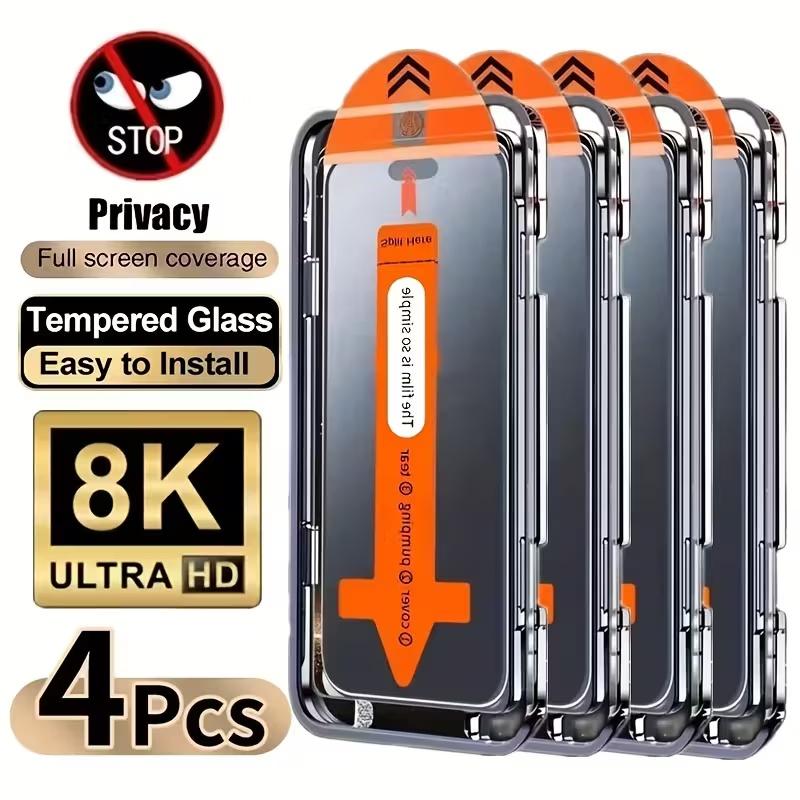 4 Counts Full-Cover Privacy Tempered Glass Screen Protector for iPhone 17 Pro Max, 17 Air, 16 Pro Max, 15 Pro, 16, 15, 14, 13, 12, 11, 16e, Plus, Mini, X, XR and XS Max, 9H Hardness, Ultra HD, Anti-Scratch, Anti-Fingerprint, Anti-Peeping