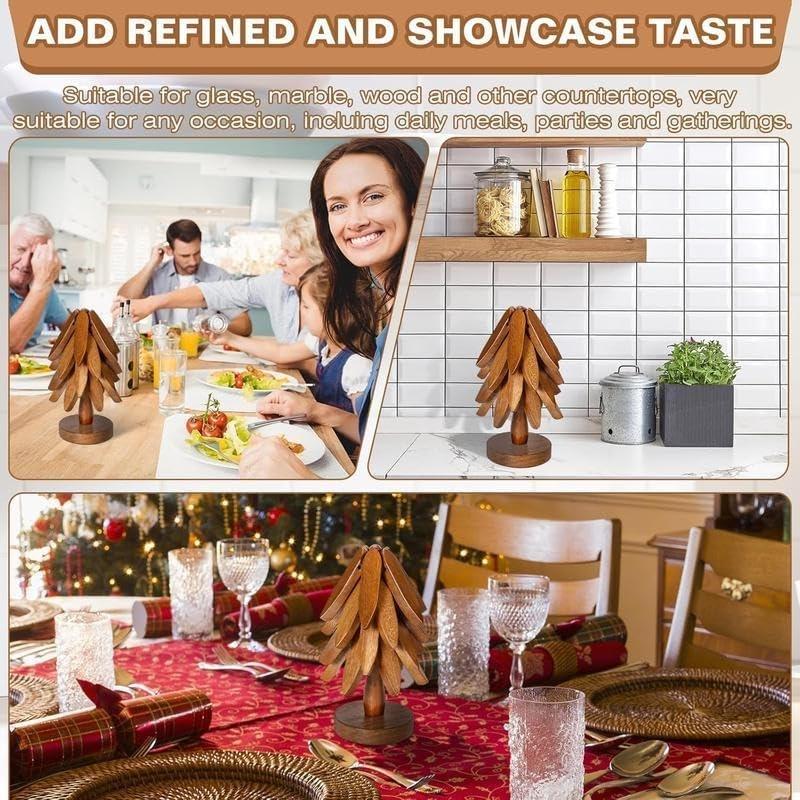 Tree-Shaped Wooden Heat Insulating Pad Set, 4 Walnut Pads + 1 Stand, Foldable Design, High-Temperature Kitchen Mat, Ideal for Hot Dishes, Pots, Bowls, Teapots
