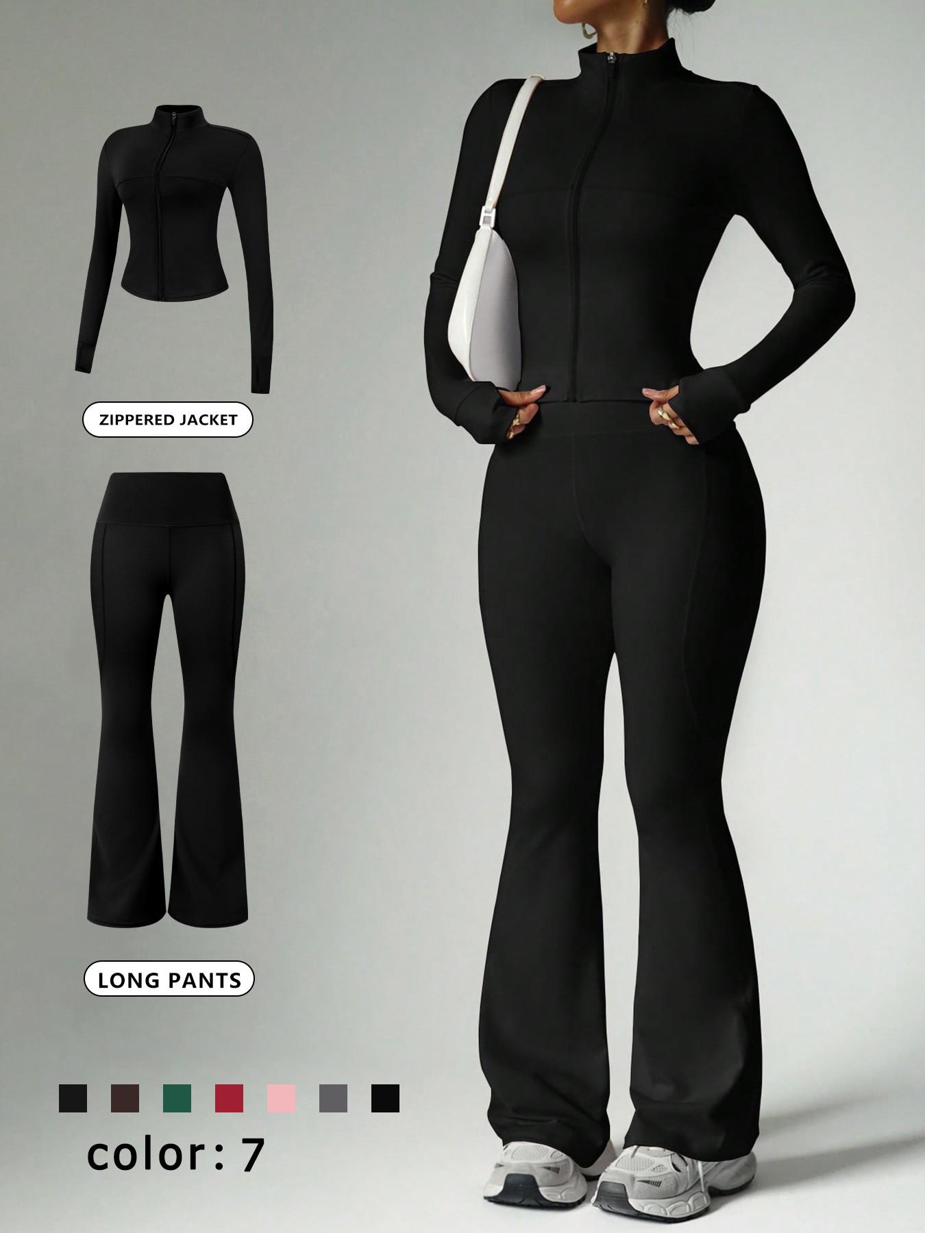 2 Piece Set Women's Loungewear Set Stand Collar Zip-Up Jacket & Wide Leg Flared Pants Comfortable High Stretch Slim Fit Suitable for Daily Outings Home Sports Travel Casual Fashion Coat Long Sleeve Pants Women's Pajama Set Outfit