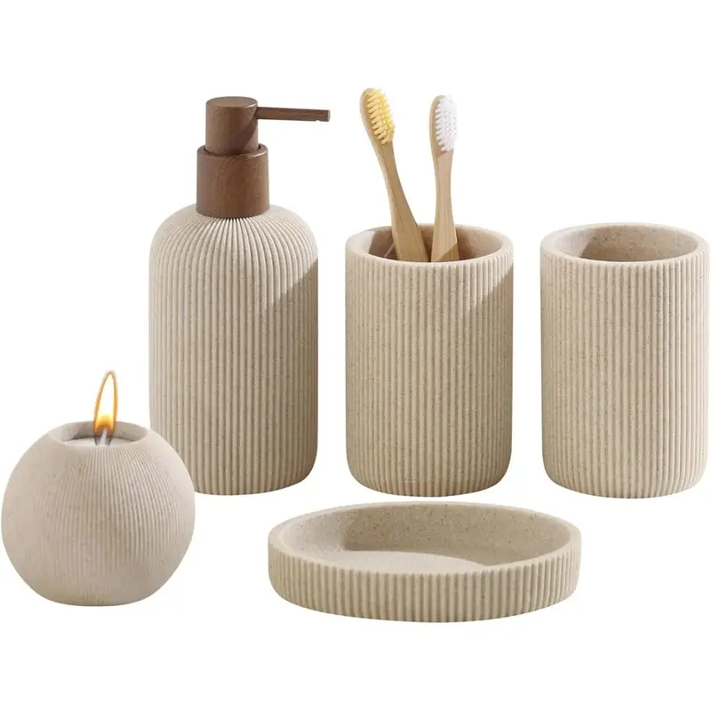 Bathroom accessory set, 5-piece set, sandstone pattern modern style bathroom organizer, includes soap dispenser, toothbrush holder, cup holder, soap dish, candle holder, suitable for countertop kitchen sinks (beige)