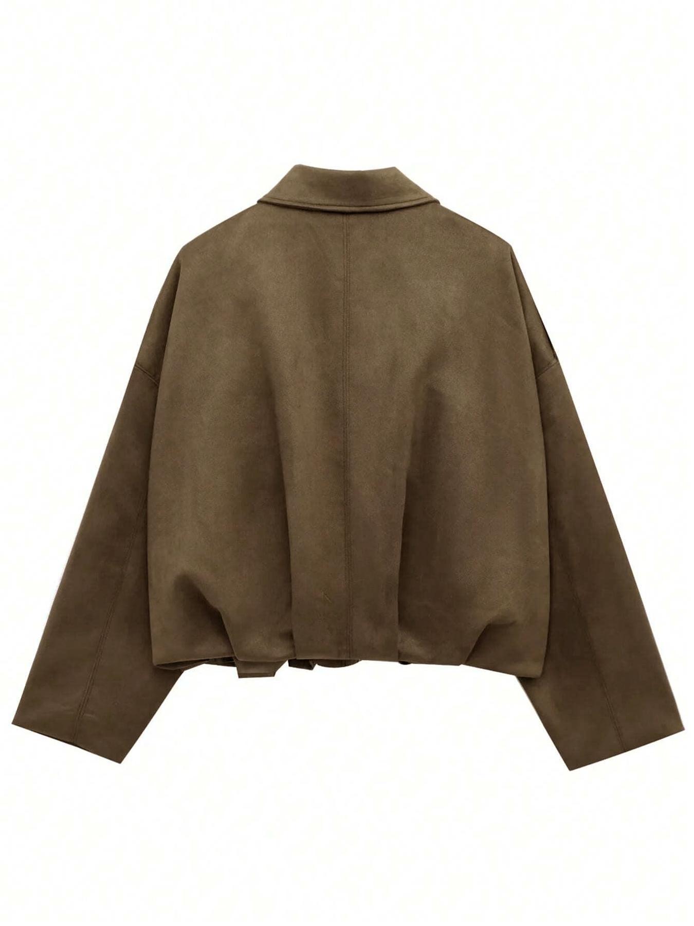 Women's Autumn Winter Suede Texture Zipper Loose Fit bomber jacket, Stylish Turn-Down Collar Design for Casual Wear Coats Outerwear Womenswear