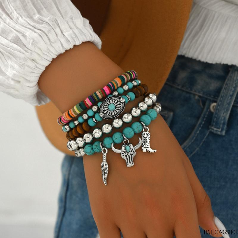 Viral Western Cowgirl Aesthetic Turquoise Bull Head Hat Layered Stretch Beaded Bracelet Set, Multi-Piece Stackable Country Boho Wrist Jewelry, Trendy Accessory For Daily Wear Country Music Festival Outfit Styling fashion anniversary religious faith