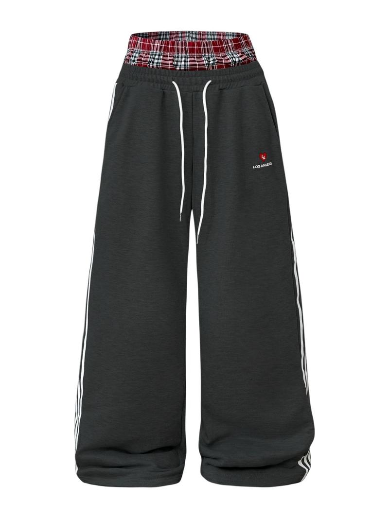 Men's Baggy Sweatpants High Waisted with Plaid Waistband, Trendy Wide Leg Lounge Pants, Casual Streetwear Joggers with Side Stripes