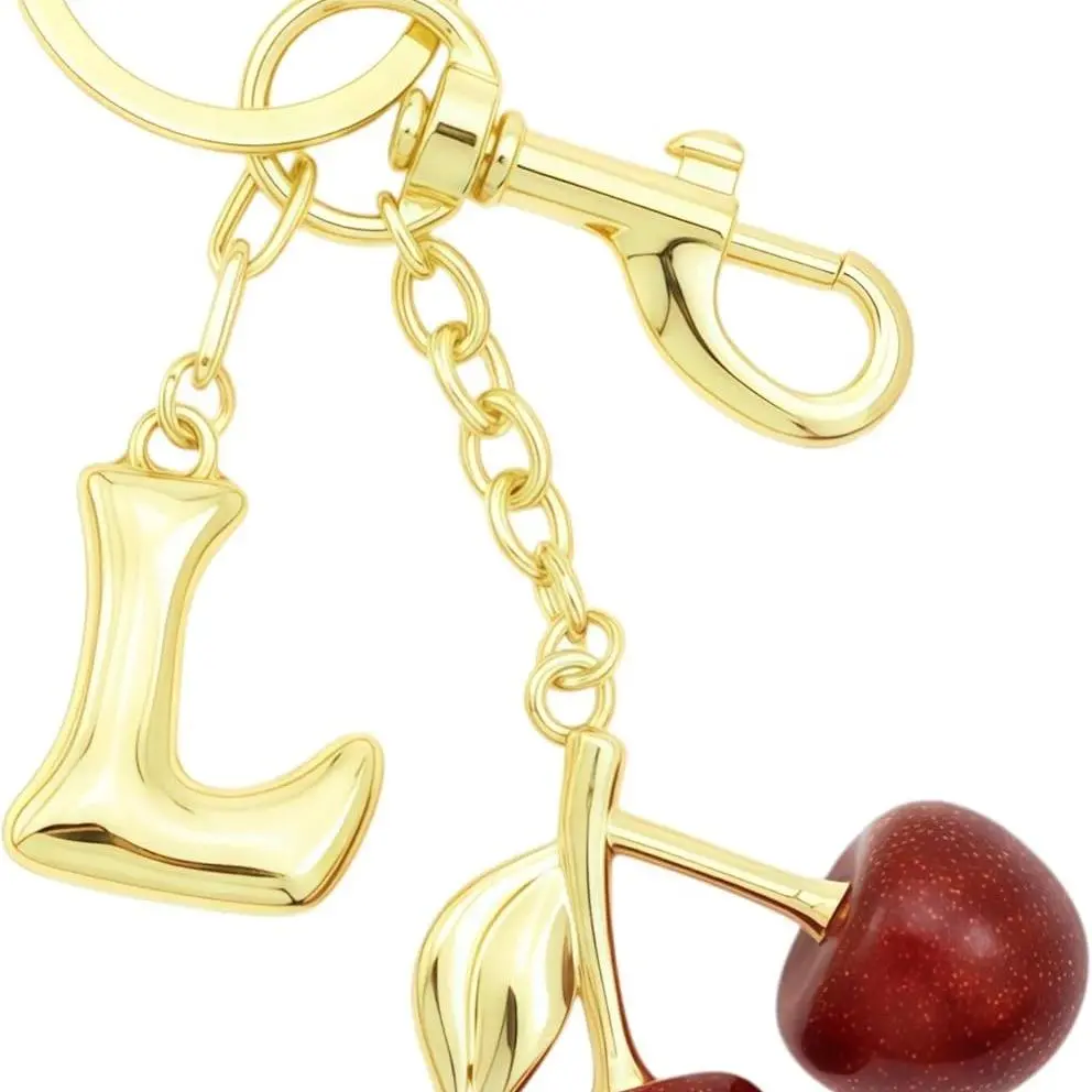 Gold Letter Bubble Initial Keychain for Women Cute Cherry Bag Charm Purse Purse Charms For Handbags,Car Key,Gift