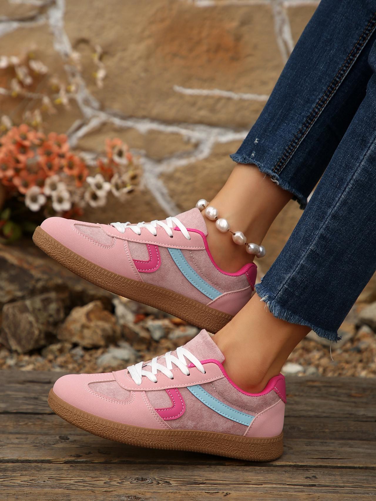 2.5cm Platform Color Block Retro Sneakers, Black & Pink, Vintage Casual Trainers