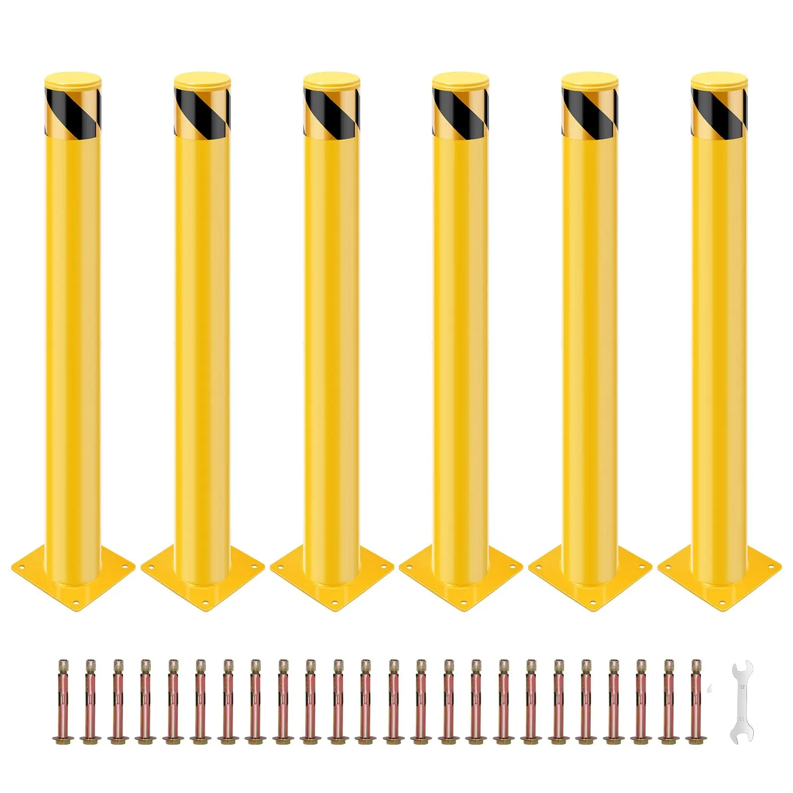 GAOMON Bollard Post 36 inch, Safety Bollard Post, Removable Steel Bolt Down Parking Bollards, Yellow - 6PACK